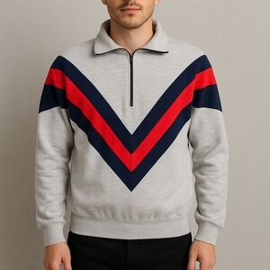 Vintage Kings Row 1/4 Zip Pullover Sweatshirt S Gray Red Blue USA Made 80s Style